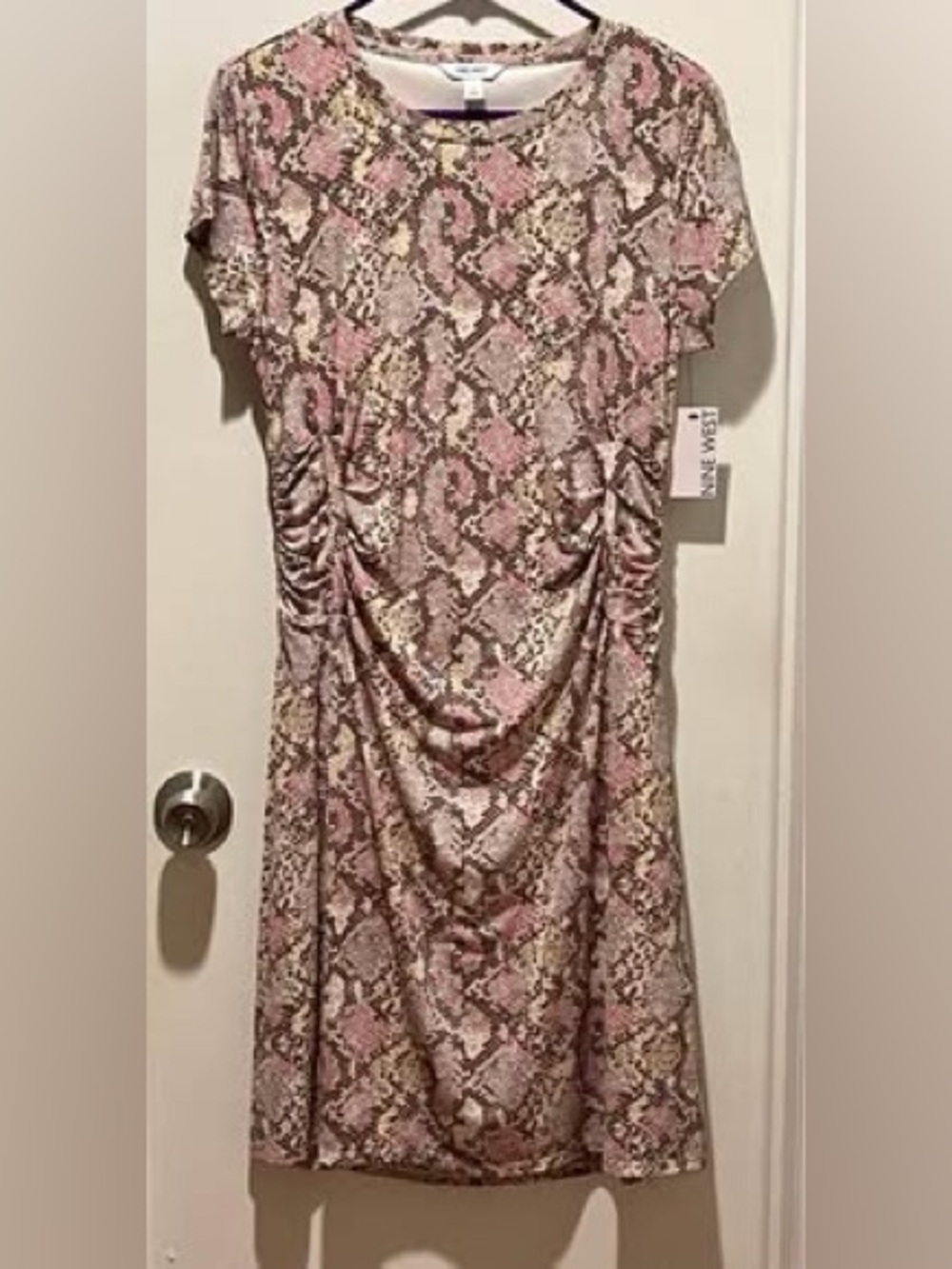 Nine West multi pastel color Snakeskin Print runch side gathered dress L